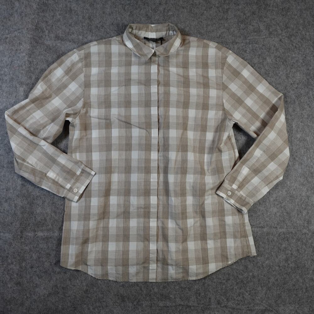 Lafayette 148 Top Womens Medium Button Front Shirt Long Sleeve Plaid Tan White